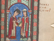 Als einzige farbige Malerei des Werks wird der Herrschaftsantritt Heinrichs V. (reg. 1105/1106–1125) dargestellt. Die Szene hält die Übergabe der Reichsinsignien (Krone, Zepter und Reichsapfel) durch den Mainzer Erzbischof Ruthard fest.